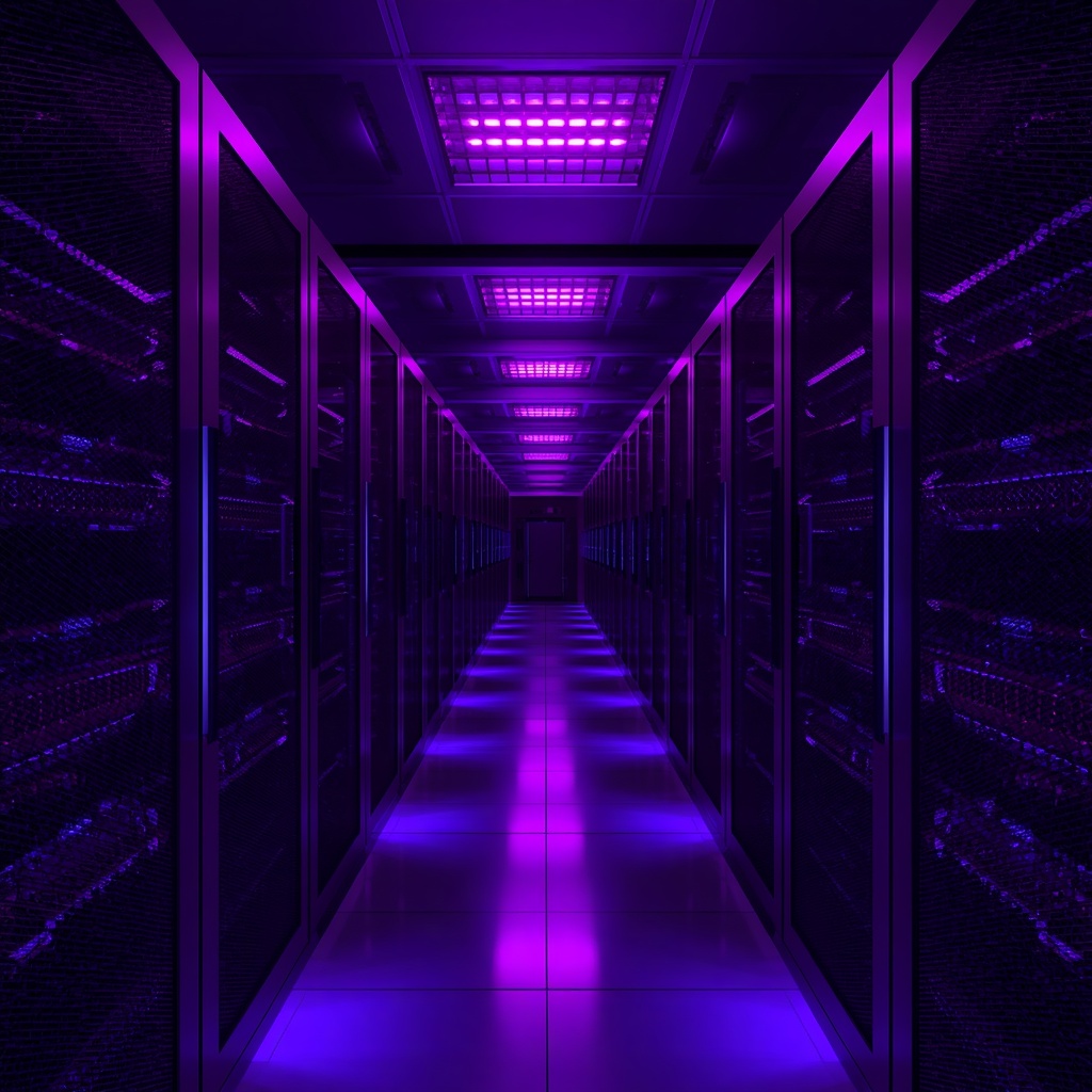 High-end server infrastructure glowing with violet and indigo lights in a secure facility